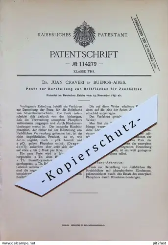original Patent - Dr. Juan Craveri , Buenos Aires , Argentinien| 1897 | Reibfläche für Zündhölzer | Streichholz , Holz