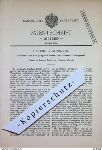 original Patent - F. Fischer , Worms a. Rh. | 1898 | Reinigung von Wasser und Flüssigkeiten | Abwasser !!