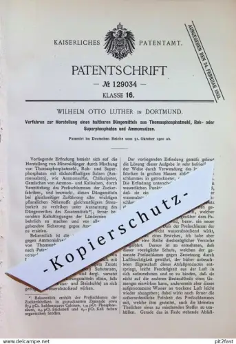 original Patent - Wilhelm Otto Luther , Dortmund | 1900 | Herstellung von Düngemittel | Landwirtschaft , Agrar , Dünger