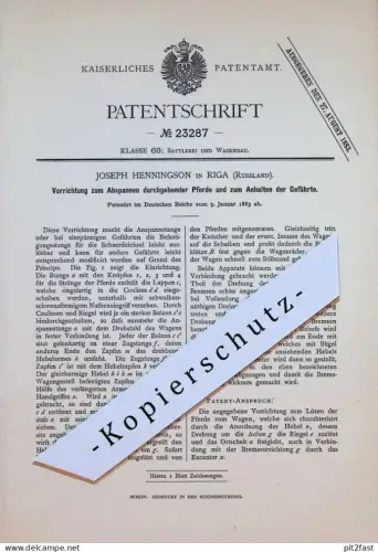 original Patent - Joseph Henningson in Riga , 1883 , Apparat für Pferde , Russland !!