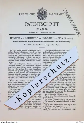 original Patent - Heinrich von Rautenfeld in Lindenruh b. Riga , 1884 , Unipolar-Maschine , Russland !!