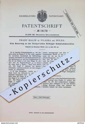 original Patent - Franz Malin in Vilaika b. Wilna / Vilnius , 1881 , Schmiedemaschine , Russland !!