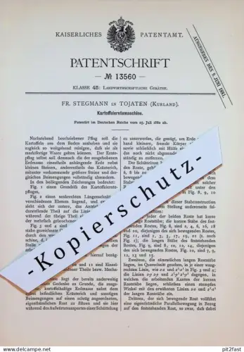 original Patent - Fr. Stegmann in Tojaten / Kurland , 1880 , Kartoffel-Erntemaschine , Russland !!