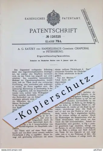 original Patent - A.G. Katzky und Gerb. Chapchal in Sankt Petersburg , 1900 , Zigaretten-Stopfmaschine , Russland !!