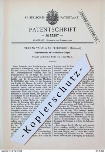 original Patent - Nicolas Yagn in Sankt Petersburg , 1885 , Schiffsschraube mit Flügeln , Russland !!