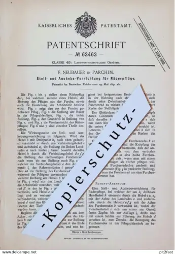original Patent - F. Neubauer in Parchim , 1891 , Apparat für Räderpflüge , Landwirtschaft , Mecklenburg !!
