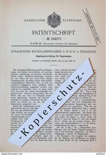 original Patent - Bogenlampenfabrik Stralsund , 1898 , Regelung für Bogenlampen , Mecklenburg !!