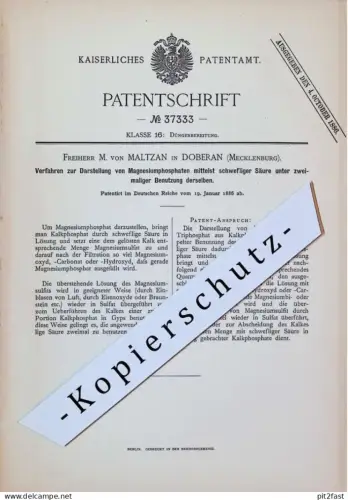 original Patent - Freiherr M. von Maltzan in Bad Doberan , 1886 , Magnesiumphosphat , Dünger , Mecklenburg !!