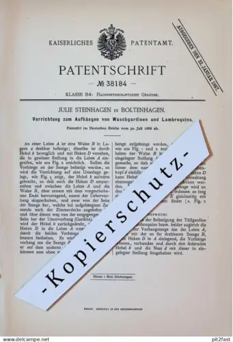 original Patent - Julie Stein in Boltenhagen , 1886 , Aufhängung für Waschgardinen , Mecklenburg !!