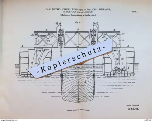original Patent - Carl L. Weylandt in Rostock und London , 1891 , Hebeapparat für Schiffe , Mecklenburg !!