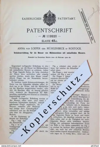 original Patent - Anna von Loeper geb. Mühlenbeck in Rostock , 1900 , Schutz für Mähmaschine , Mecklenburg !!