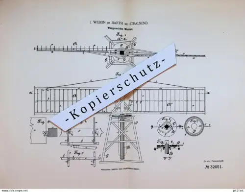 original Patent - J. Wilken in Barth b. Stralsund , 1885 , waagerechtes Windrad , Mecklenburg !!
