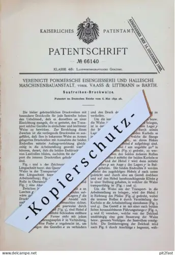 original Patent - Pommersche Eisengiesserei in Barth , 1892 , Vaass & Littmann , Druckwalze , Mecklenburg !!