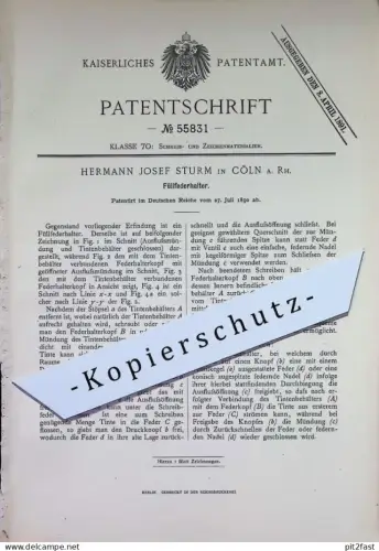 original Patent - Hermann Josef Sturm , Köln / Rhein | 1890 | Füllfederhalter | Schreibfeder Füllhalter Füller Tinte