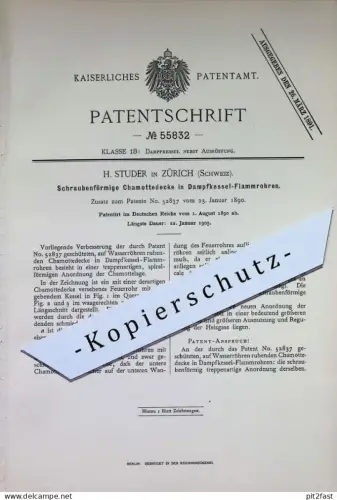 original Patent - H. Studer , Zürich , Schweiz | 1890 | Schamottedecke in Dampfkessel - Flammrohr | Kessel , Schamott