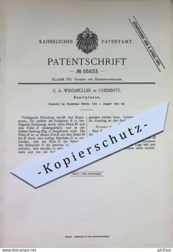 original Patent - C. A. Windmüller , Chemnitz | 1890 | Kopierpresse | Kopie | Presse , Pressen | Druck Buchdruck Papier