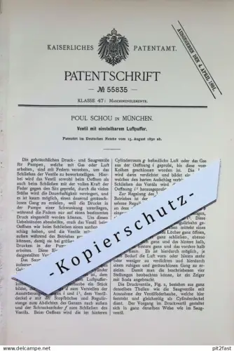 original Patent - Poul Schou , München | 1890 | Ventil mit einstellbarem Luftpuffer | Pumpe , Pumpen | Druckventil