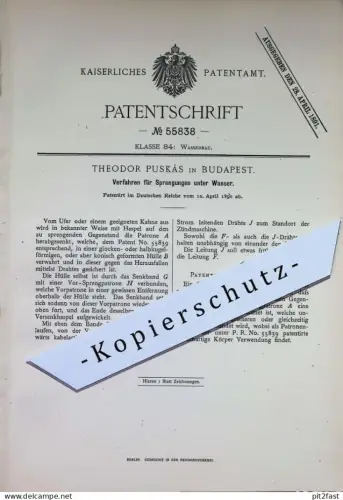 original Patent - Theodor Puskás , Budapest , Ungarn | 1890 | Sprengungen unter Wasser | Sprengstoff Patrone , Wasserbau