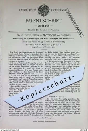 original Patent - Franz Otto Ettig , Dresden / Klotzsche | 1890 | Hochklappen der Vorderräder am Kinderwagen | Wagen !