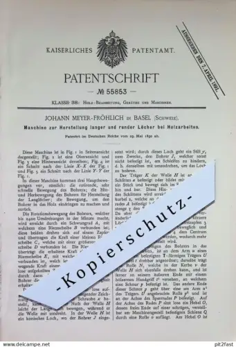 original Patent - Johann Meyer Fröhlich , Basel , Schweiz | 1890 | Herst. der Löcher an Holzarbeit | Holz , Bohrer !!