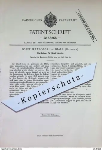 original Patent - Josef Watrobski , Biala , Galizien | 1890 | Sturzbohrer für Holzdrehbank | Holz - Drehbank , Tischler