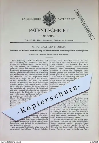 original Patent - Otto Graetzer , Berlin | 1890 | Ornamente auf zusammengesetzten Hirnholzplatten | Holz , Tischlerei !