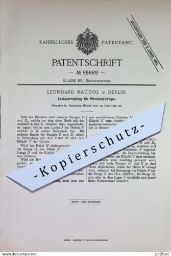 original Patent - Leonhard Machol , Berlin | 1890 | Läutevorrichtung für Pferdebahnwagen | Glocke , Pferdewagen , Pferde