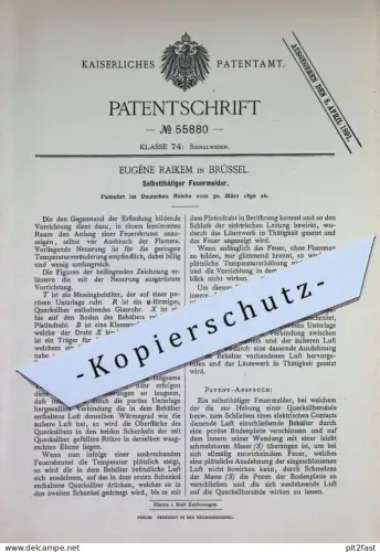 original Patent - Eugène Raikem , Brüssel , Belgien | 1890 | Selbsttätiger Feuermelder | Rauchmelder | Feuerwehr , Feuer