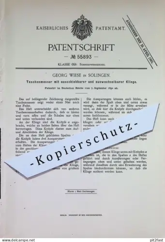 original Patent - Georg Wiese , Solingen | 1890 | Taschenmesser mit wechselbarer Klinge | Messer | Schneidwerkzeug !!