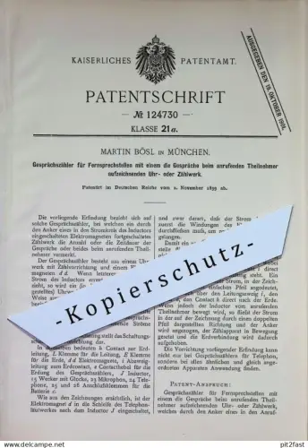 original Patent - Martin Bösl , München | 1899 | Gesprächszähler für Fernsprecher | Telefon , Uhr , Zählwerk , Strom