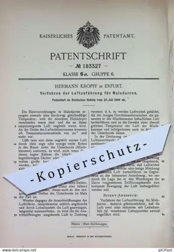 original Patent - Hermann Kropff , Erfurt | 1906 | Luftzuführung für Malzdarren | Darre , Malz , Gebläse , Lüftung