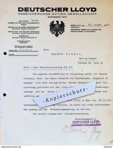 Deutscher Lloyd - 1930 , Versicherung , Charlotte Rummel in Berlin Pankow , Fischhausen b. Königsberg !!