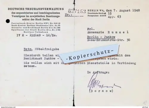 Möbelfreigabe - Besatzungsektor Berlin , 1948 , Enteignung , Annemarie Rummel , Dornow , Deutsche Treuhand-Verwaltung !!