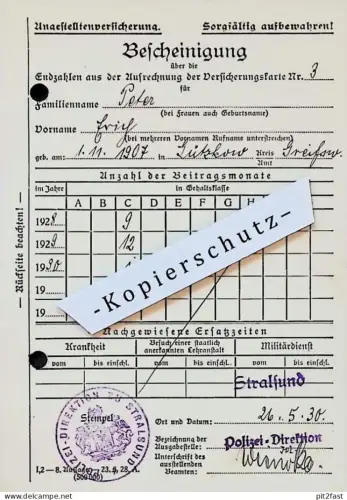 Polizei Direktion Stralsund i. Mecklenburg , 1930 , Erich Peter in Gützkow b. Greifswald , Ausweis , Versicherung !!