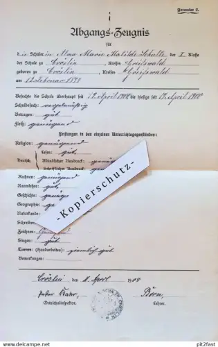 Abgangs-Zeugnis , Cröslin / Kröslin i. Mecklenburg , 1908 , Alma Schultz , Schule , Pastor Bahr , Lehrer Born Greifswald