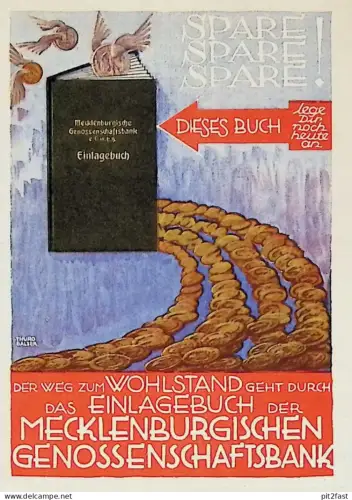 Mecklenburgische Genossenschaftsbank , ca. 1930 , Sparbuch , Mecklenburg , Einlagebuch , Postkarte , Reklame alte Karte