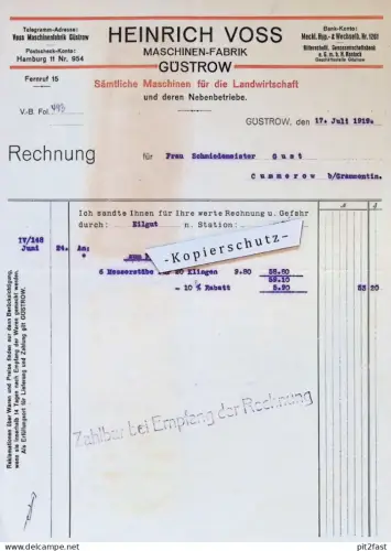 Maschinenfabrik - Heinrich Voss in Güstrow i. Mecklenburg ,1919 , Gust in Kummerow b. Grammentin , Dokument / Rechnung