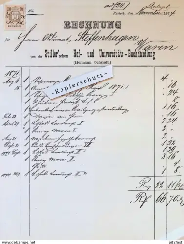 Buchhandlung Stiller / Hermann Schmidt in Rostock i. Mecklenburg ,1874, Steffenhagen in Waren Müritz Dokument / Rechnung