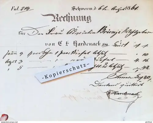 C.L. Hardenack in Schwerin i. Mecklenburg , 1861 , Brünje , altes Dokument / Rechnung !!