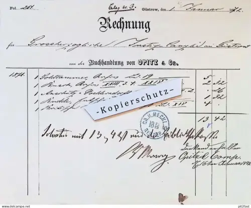 Buchhandlung Opitz & Co. in Güstrow i. Mecklenburg , 1872 , Justitz-Canzlei , altes Dokument / Rechnung !!