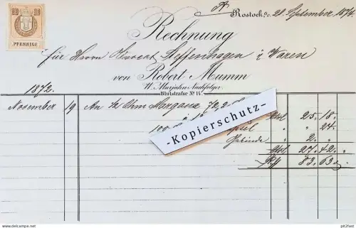Robert Mumm / W. Murjahn in Rostock i. Mecklenburg , 1874 , Advocat Steffenhagen in Waren Müritz  Dokument / Rechnung !!