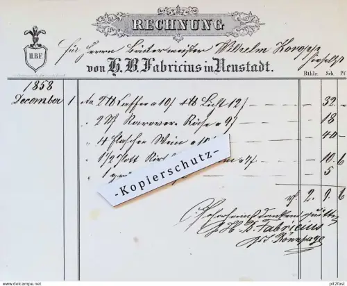 H.B. Fabricius in Neustadt i. Mecklenburg , 1858 , Wilhelm Koropp , altes Dokument / Rechnung !!