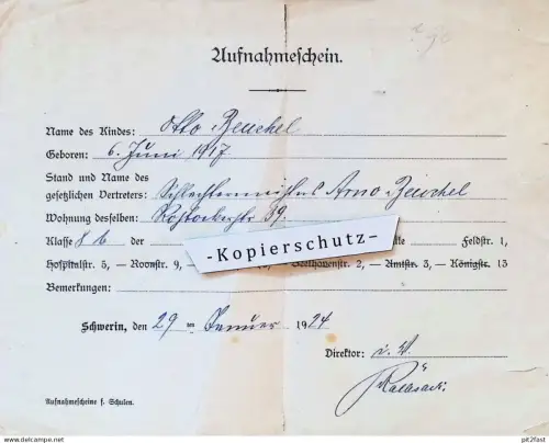 Aufnahmeschein - Otto Beuchel Schwerin i. Mecklenburg , 1924 !!