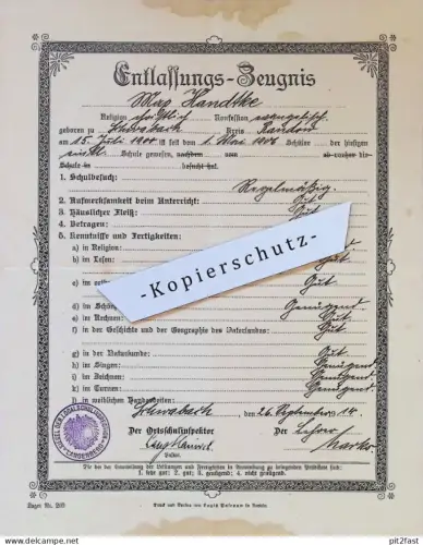 Entlassungszeugnis - Max Handtke in Schwabach b. Fürstenflagge , 1914 , Naugard , Pölitz , Siegel Langenberg !!