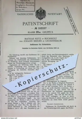 original Patent - Mathias Reitz , Buchholz | Johann Breuer , Großenbaum | 1906 | Seilklemme für Förderkörbe | Förderseil
