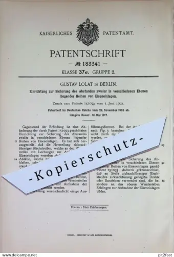 original Patent - Gustav Lolat , Berlin | 1905 | Sicherung v. Eiseneinlagen | Eisen , Stahl , Rundeisen , Blech , Metall