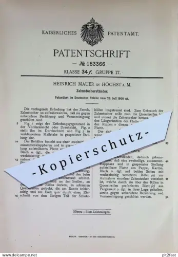 original Patent - Heinrich Mauer , Höchst / Main | 1906 | Zahnstocherständer | Zahnstocher - Ständer | Zahnpflege Zähne