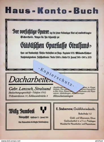 Haus-Konto-Buch vom Grundbesitzer-Verein Stralsund , ca. 1935 , Mecklenburg , Reklame / Werbung !!