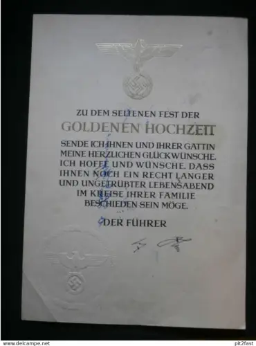 Urkunde - Der Führer Adolf Hitler - Zur goldenen Hochzeit , mit original Tintenunterschrift !! , Autograph , Signatur !