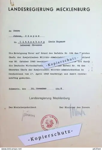 Landesregierung Mecklenburg 1948 , Urkunde , Minister , Hagenow , Schwerin , Entnazifizierung , NSDAP , Enteignung